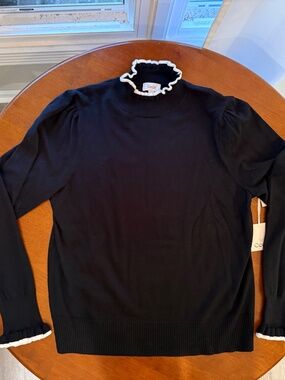 CECE LONG SLEEVE MOCK NECK, RUFFLED SWEATER- BLACK & WHITE- SIZE XL NWT